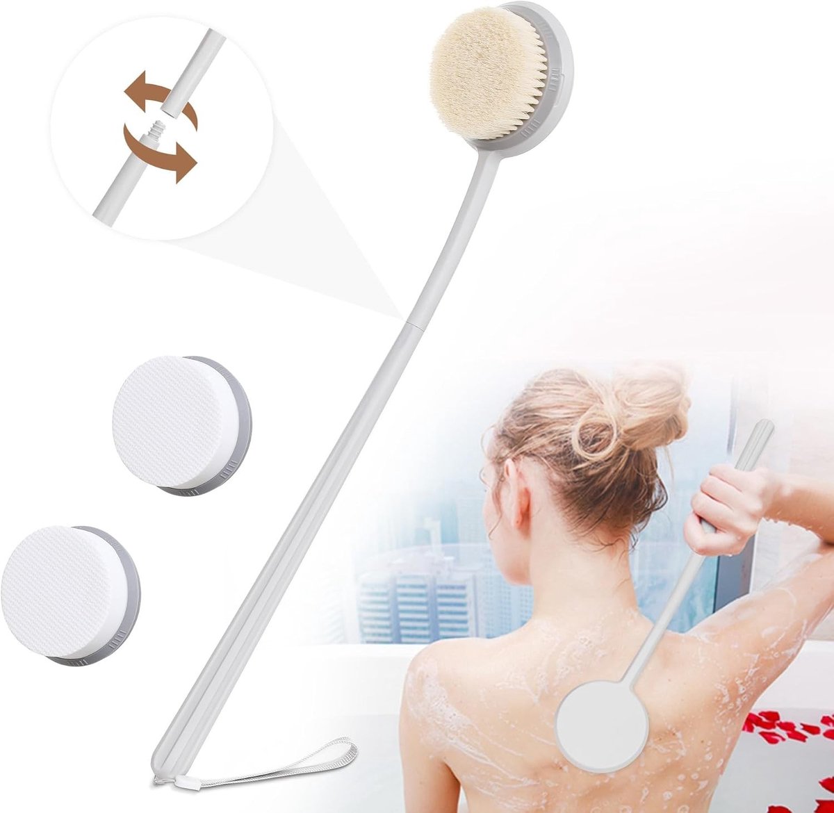 Badborstel met Lange Steel - Crème - 1 stuk - Natuurlijke Haren met Verwisselbare Pads - Voor Bad en Lichaam