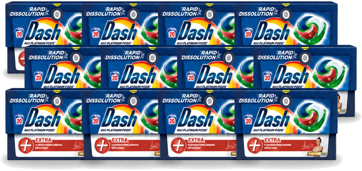 12 x Dash – Wasmiddel Pods 4-in-1 Platinum – Extra Vlekkenverwijdering – 20 Capsules - Voordeelverpakking - 12 stuks