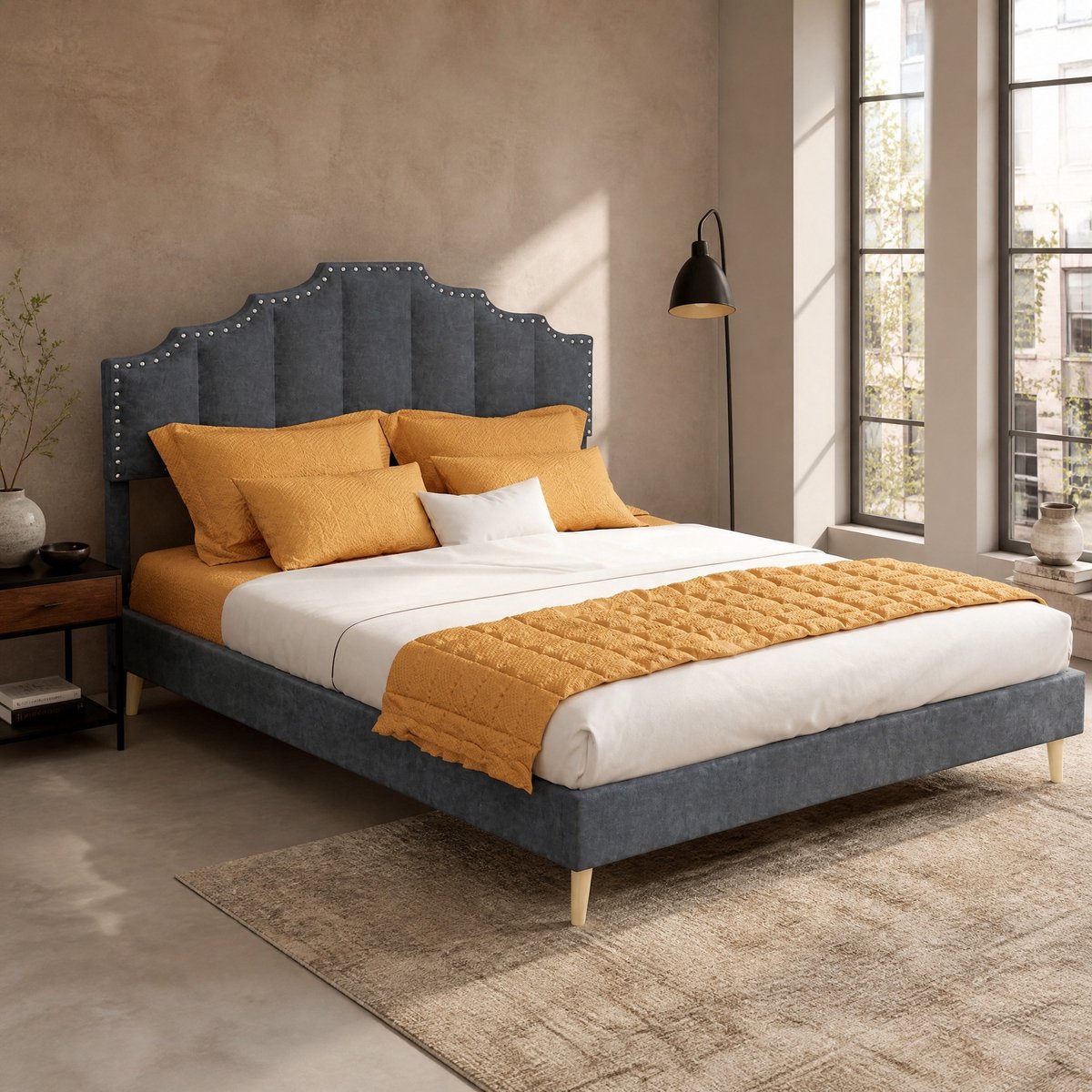 WUVRIE Gestoffeerd bedframe 140x200 cm met lattenbodem, hoog hoofdbord met siernagels, grijs