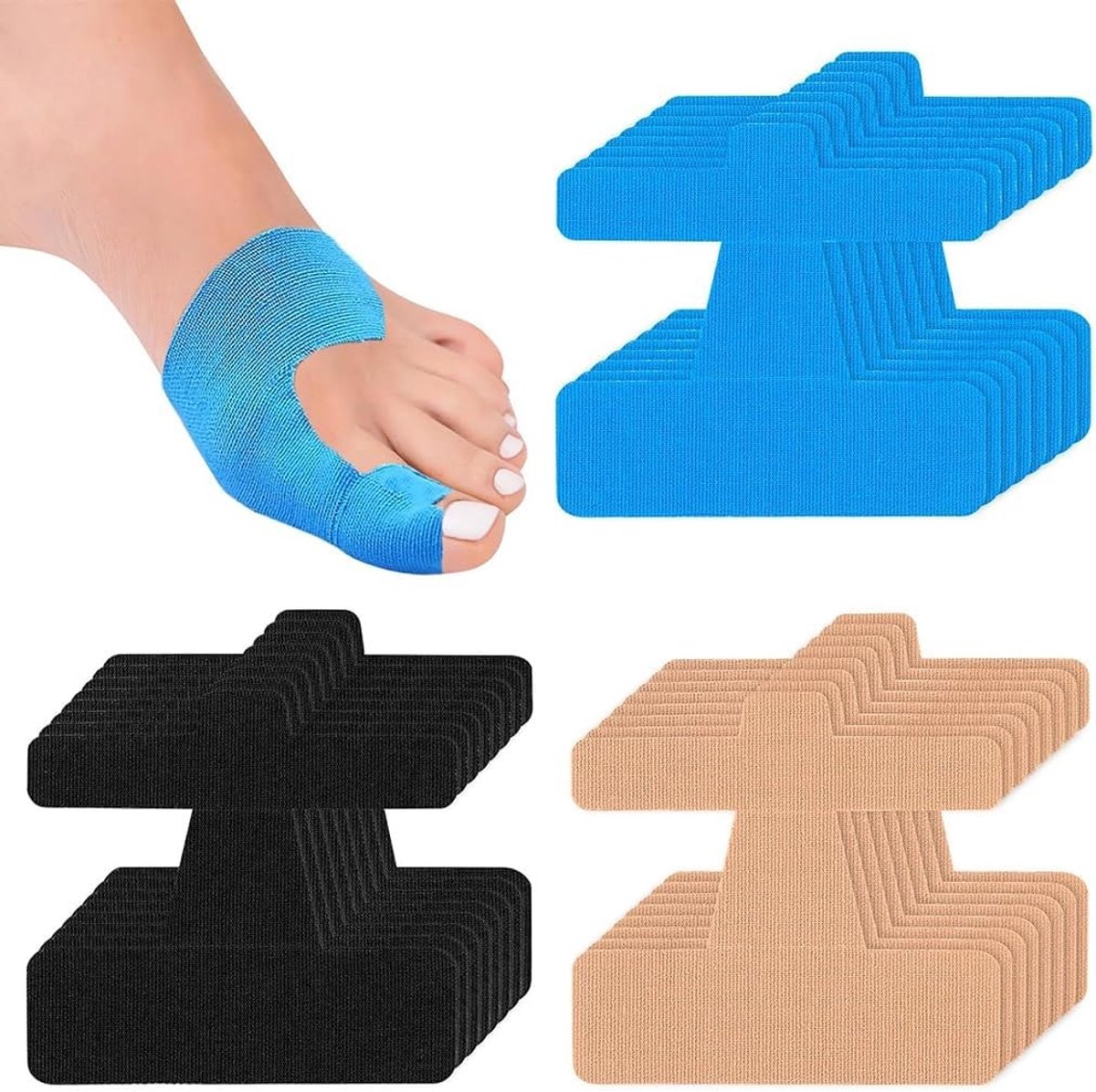 24 Stuks Hallux Valgus Kinesio Tape voor Teennagelcorrectie - Ademend, Voor Mannen en Vrouwen (Huidkleur, Zwart, Blauw)