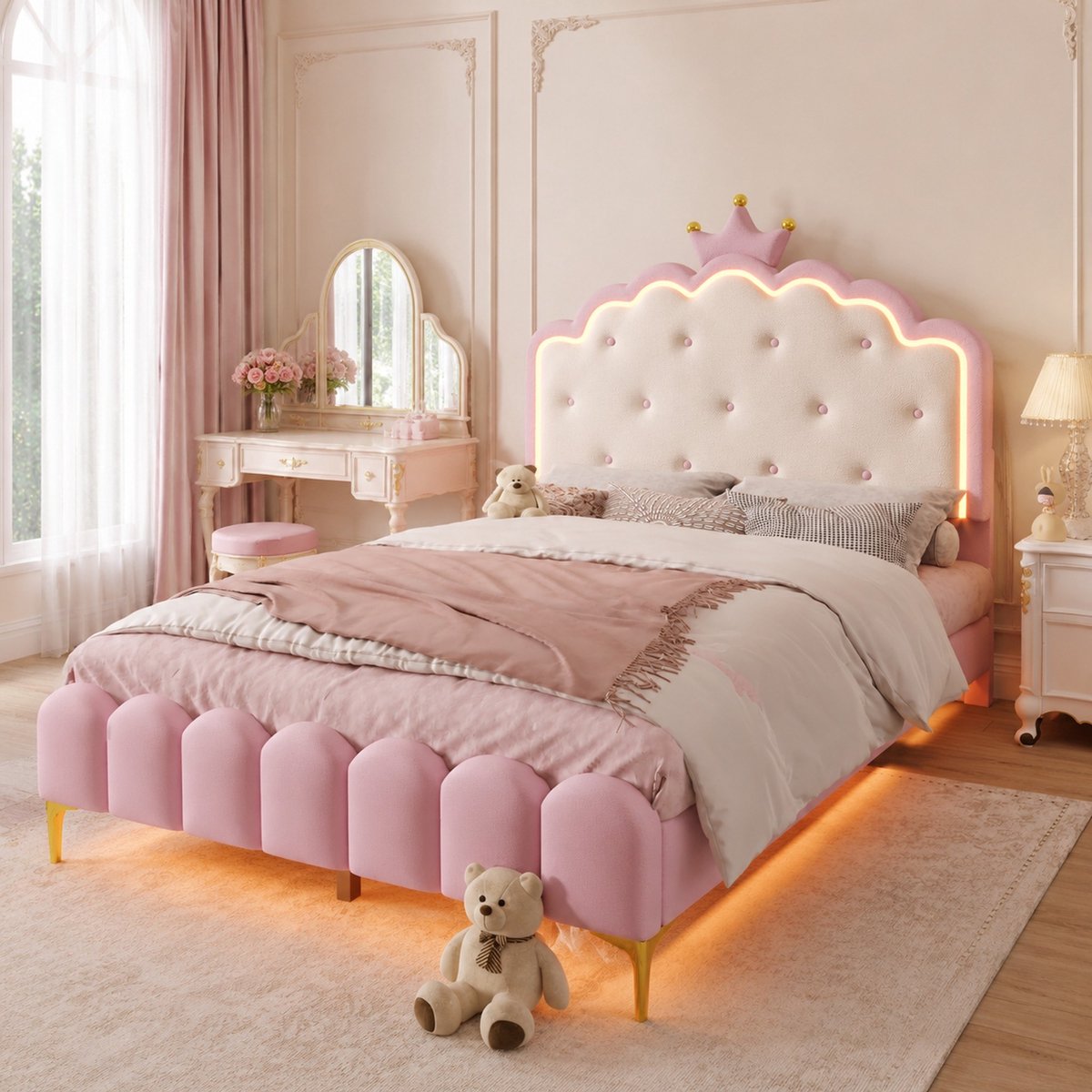 WUVRIE Kinderbed 140x200 cm met lattenbodem, LED-ambianceverlichting en kroonvormig hoofdbord, roze