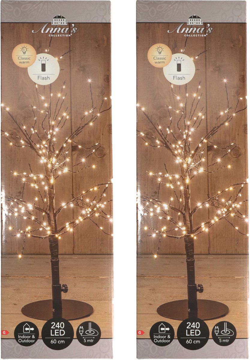 Anna's Collection Lichtboom - 2x - zwart - metaal - 60 cm - 240 led lichtjes - klassiek warm - verlichte kerstboom