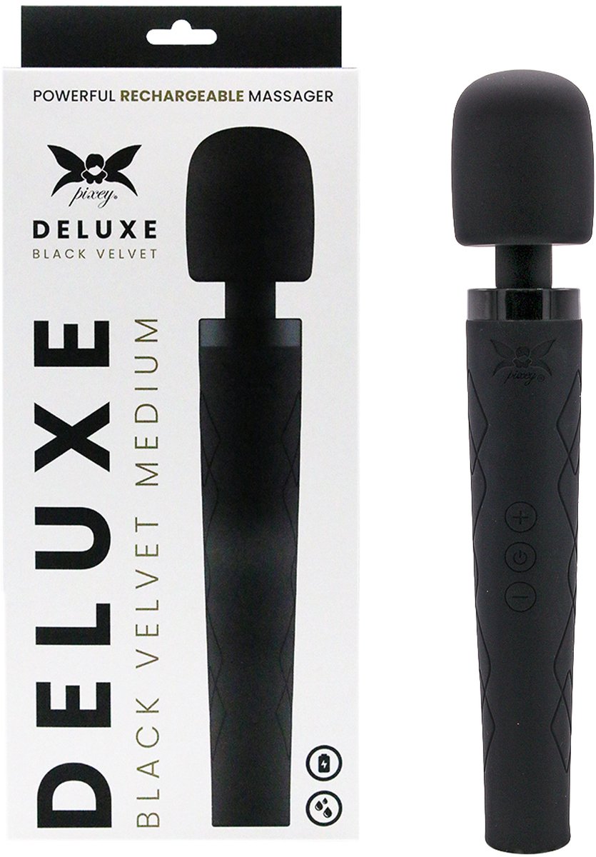 Pixey Deluxe Black Velvet M – Oplaadbare Massager, Siliconen, Flexibele Kop, 4 Trillingssnelheden, 6 Pulsstanden, 8800 RPM, Draadloos, 26 cm, 3 Knoppen