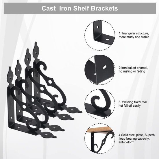 Set van 4 Planksteunen, 14 x 11 cm, Zwarte Metalen Plankdragers voor Wandconsoles in Leeromgevingen, Tuinen en Keukens — afbeelding 5