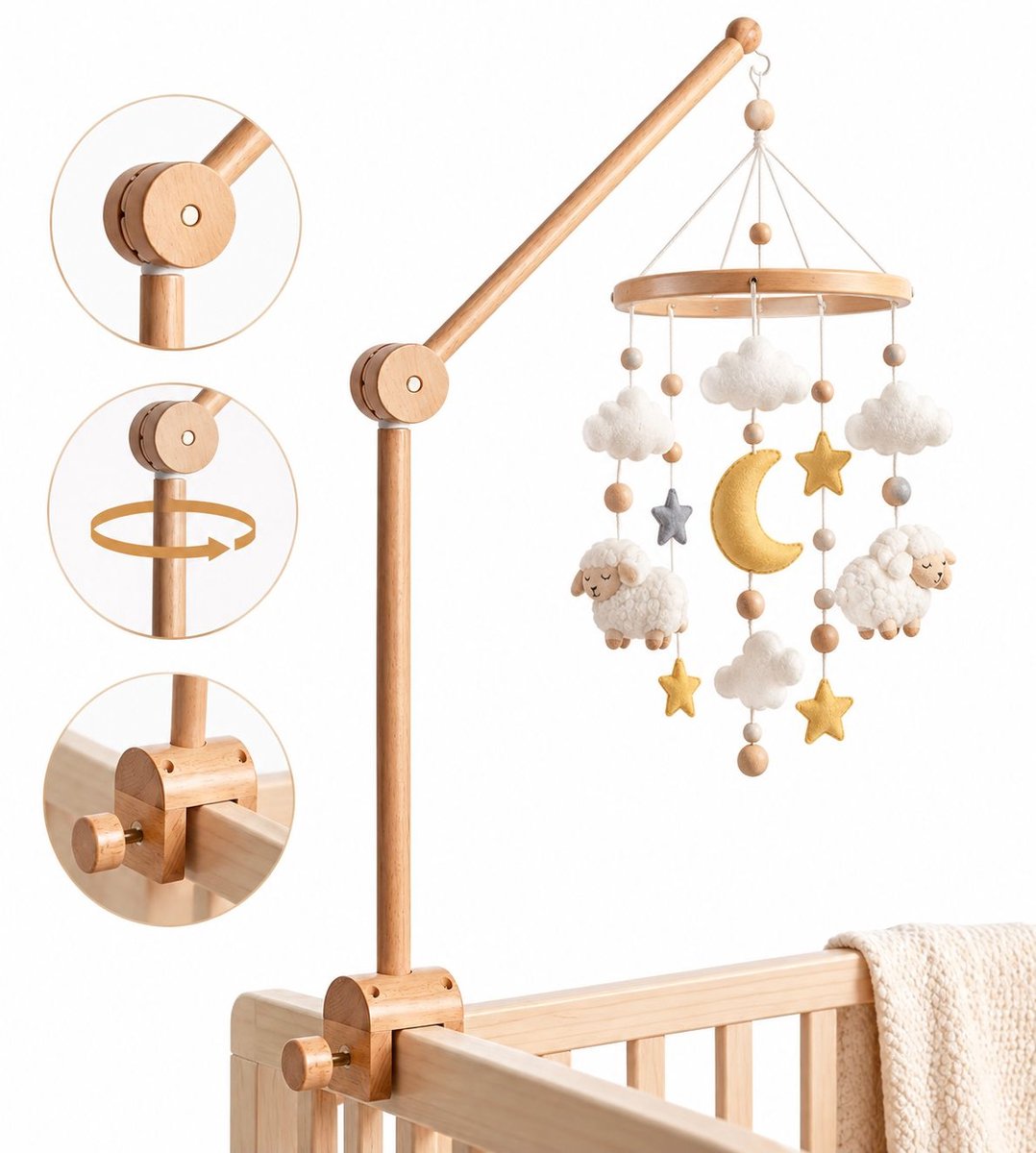 VHV - Houten Mobiele Houder voor Babybedje – Babykamerdecoratie – 360° draaibaar & in hoogte verstelbaar – universele klem (geschikt voor spijlen tot 30mm) – stevig beukenhout – veilige anti-rotatieklem
