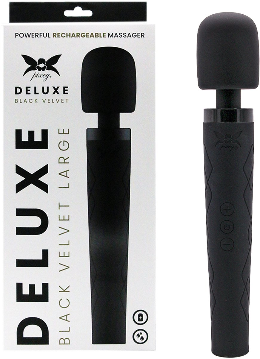 Pixey Deluxe Black Velvet L – Krachtige Oplaadbare Massager, Siliconen, Flexibele Kop, 5 Trillingssnelheden, 7 Pulsstanden, 11000 RPM, Draadloos, 33 cm