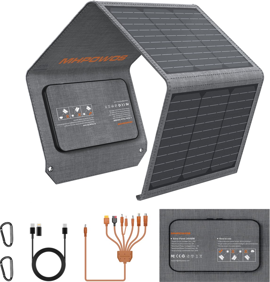 MHPOWOS 40W Vouwbaar Zonnepaneel, Draagbaar Monokristallijn Zonne Oplader met USB-A, USB-C en DC Uitgang, IP67 Waterbestendig, Zonnepaneel voor Camping, Wandelen, Kampeerauto en Noodstroomvoorziening
