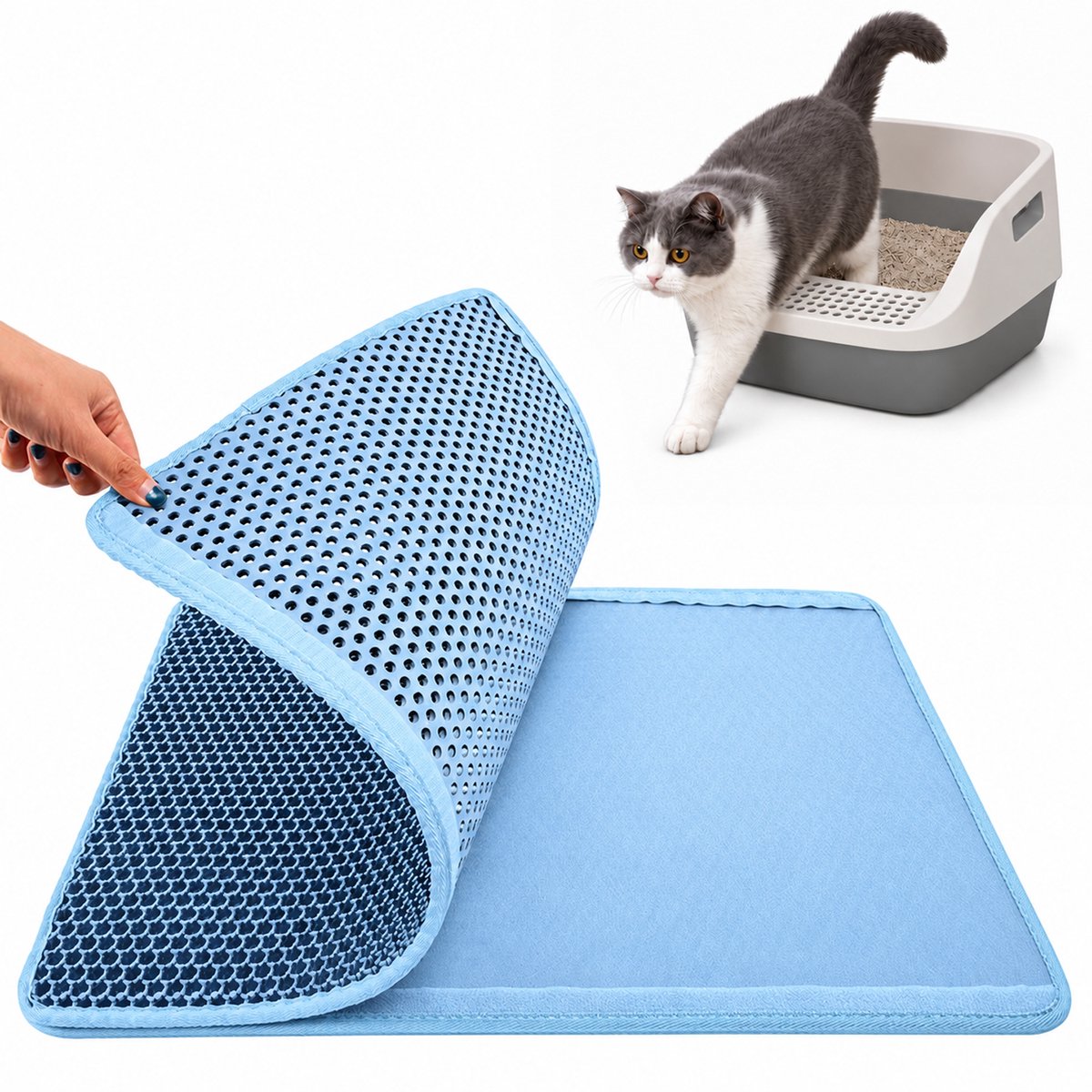 Kattenbakmat – Waterdicht – Dubbele Laag met Honingraatstructuur & Afneembare Klittenbandsluiting – Schoonloopmat voor Alle Kattenbakken & Strooiselsoorten – Wasbaar – Voor Katteneigenaren – Blauw – 45 × 60 cm – 1 Stuk