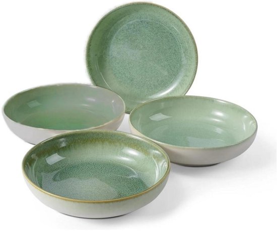 Set van vier diepe, groene borden met een geglazuurde textuur en gouden rand.
