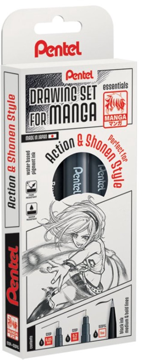 Pentel fineliner set Manga Face, zwart, 0,03/0,1 mm + penseelstift, 3 stuks