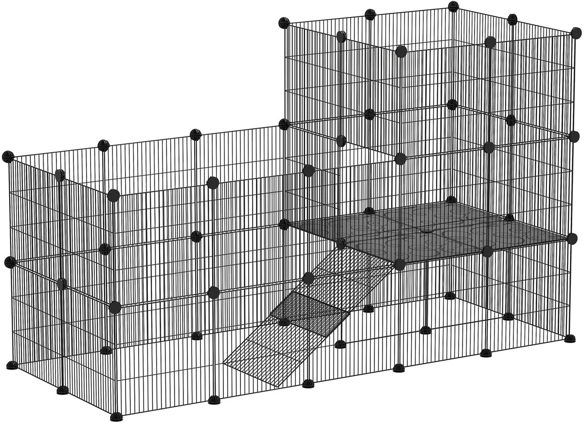 MokoHub Konijnenhok 2-Laags - Dierenkooi voor Konijnen en Cavia's - 39 Panelen met Oploop - 140X70x105 cm - Zwart