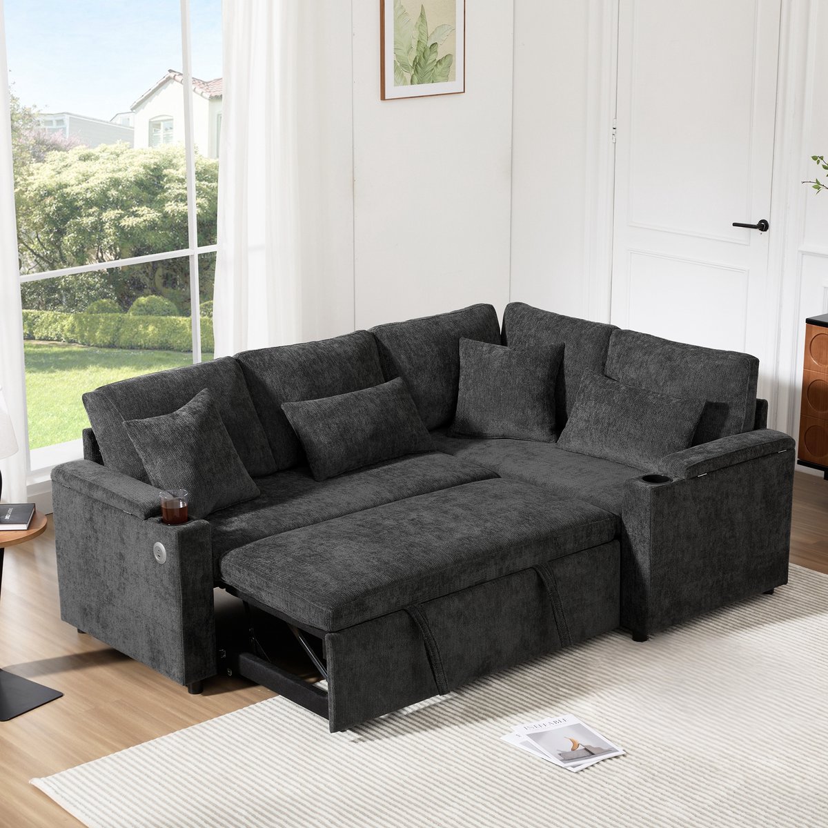 4-zits hoekbank - 206,5 x 141 x 86 cm - chenille bekleding - met slaapfunctie - met opbergruimte - met USB-aansluiting - met bekerhouders - Grijs