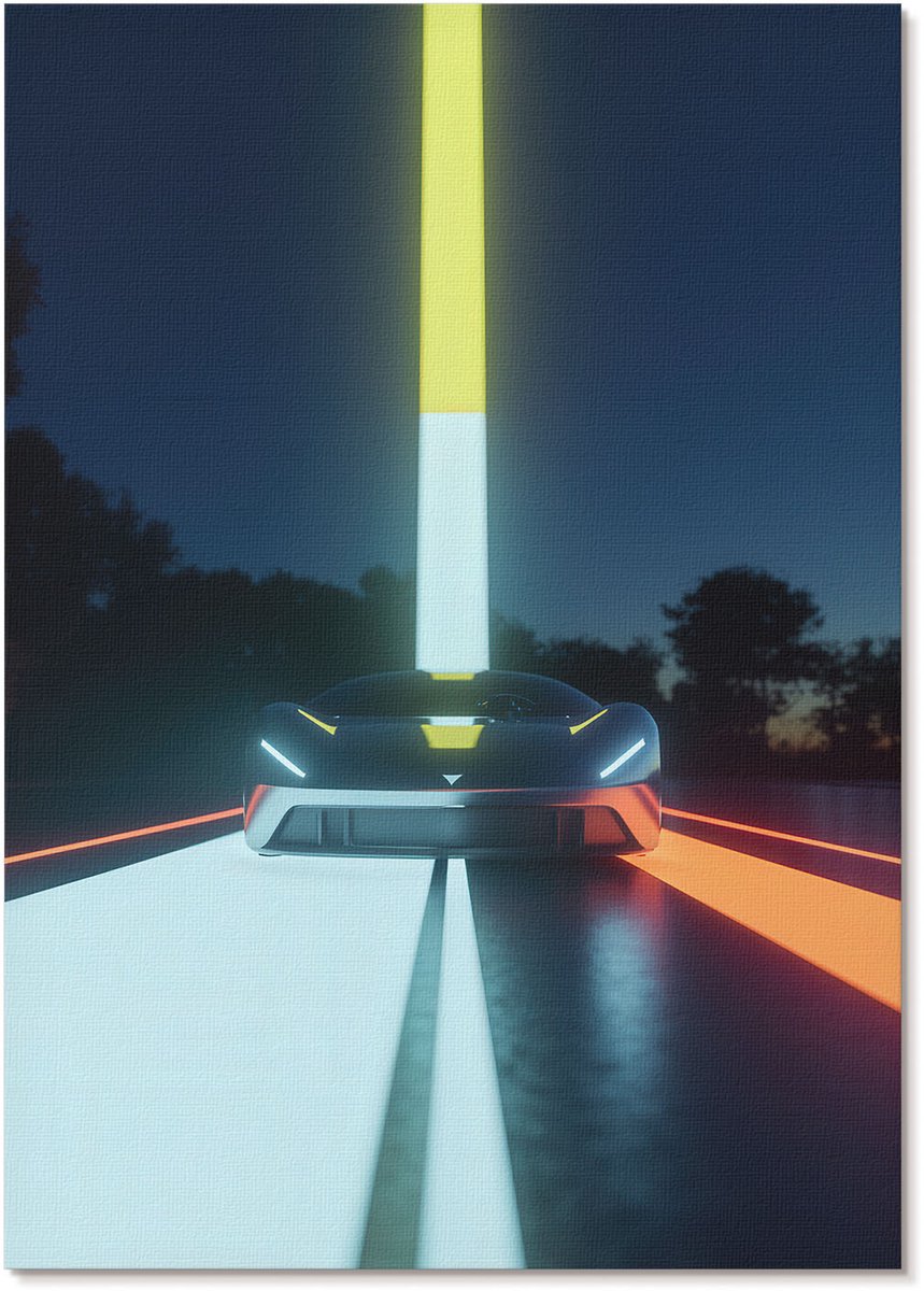 Tulup Polycanvas Wandposter - Futuristische Auto, Illustratie - A4 - Geel Motief - Rechthoek - Interieurdecoratie - Woonkamer, Slaapkamer, Kantoor - Popcultuur