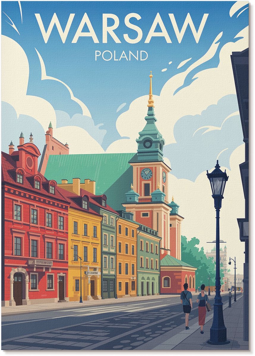 Tulup Polycanvas Poster - Warschau-Architectuur, Illustratie - A4 - Blauw Design - Rechthoek - Muurdecoratie - Woonkamer, Slaapkamer, Kantoor - Retro