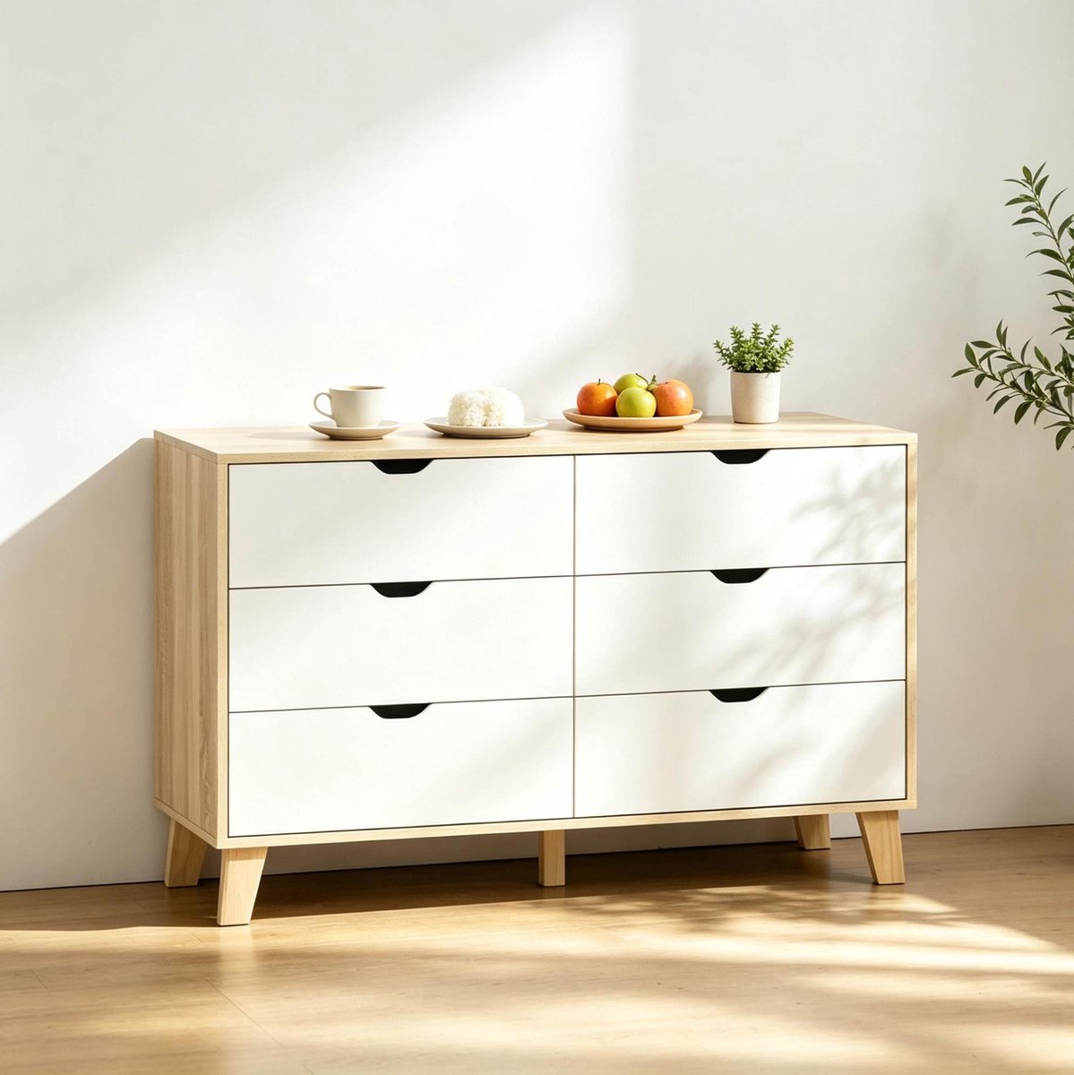 MODENUIT Ladekast - 6 Lades Voor Slaapkamer En Woonkamer - Spaanplaat - Wit En Eik - 120x40x76 Cm