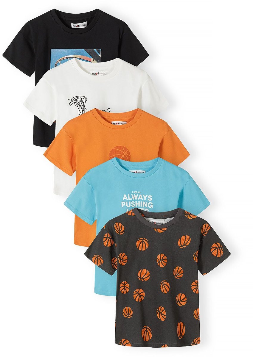 Minoti t-shirt jongens 5-pack basketbalprint - 100% katoen - zwart