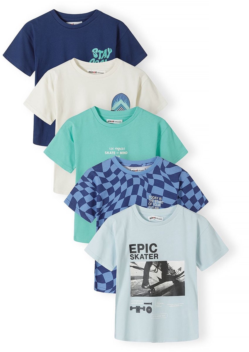 Minoti t-shirt jongens 5-pack skate print - 100% katoen - donkerblauw