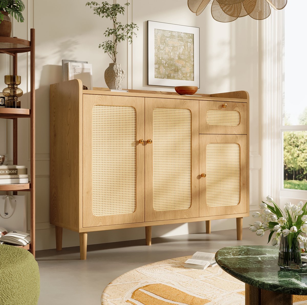 MODENUIT Dressoir - Rattan Fronten - Woonkamer En Hal - MDF En Hout - Oak - 120x40x91 Cm