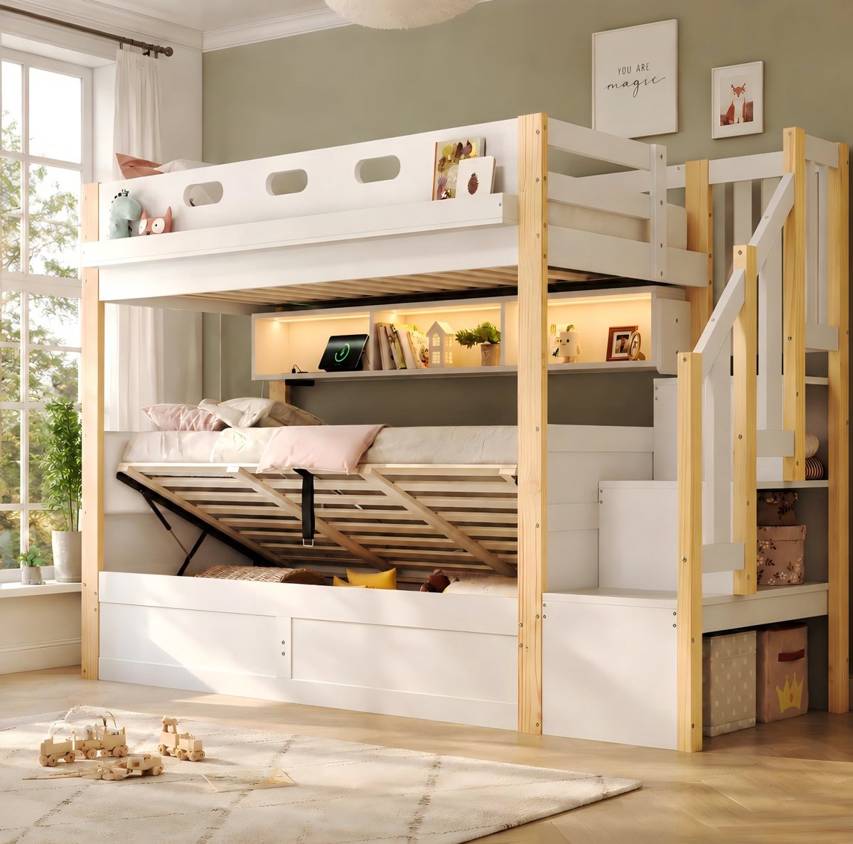 DESMIU Stapelbed 90x200cm – Hoogslaper Met LED-verlichting En USB-oplaadmodule – Opbergruimte En Lades – Voor Kinderen – Hout, MDF En PU – Wit Wit, natuurkleur