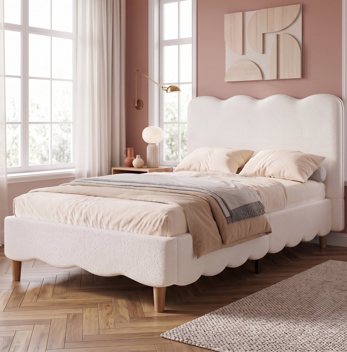 DESMIU Gestoffeerd Bed 90x200cm Zonder Matras - Eenpersoons Kinderbed Met Lattenbodem En Hoofdbord - Opbergruimte Onder Bed - Wit