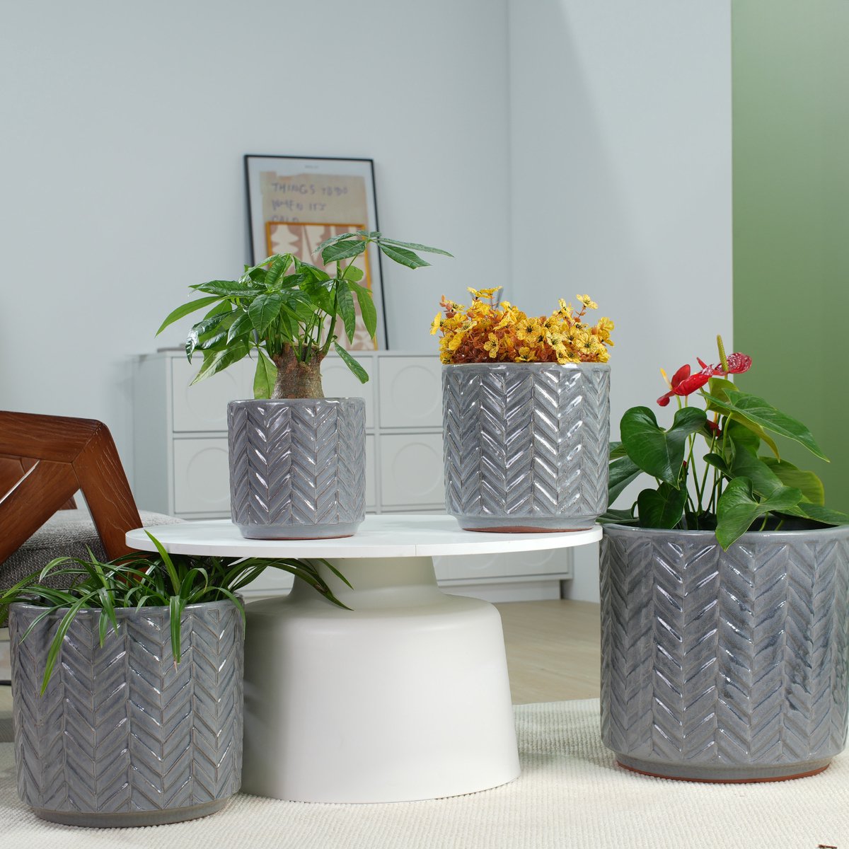 VVBV Bloempot 24x24x24 cm - Drainagegat, Keramiek, Reliëfdesign, Glanzende Afwerking, Ademend - Asgrijs, Keramiek