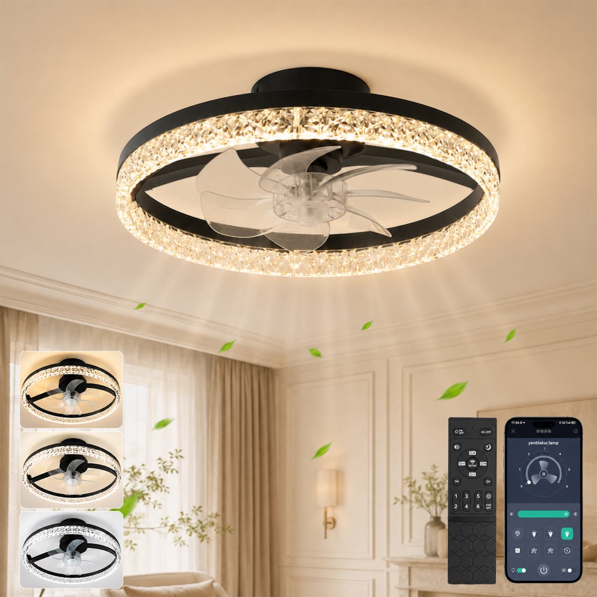 Rosnek Slimme Plafondventilator met Verlichting - Kristallen Plafondlamp met Ventilator - Stille DC-Motor - Zomer en Winterstand - Traploos Dimbaar - App & Afstandsbediening - 6 Snelheden - Ø 45 cm