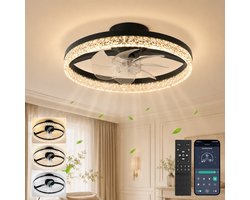 Rosnek Slimme Plafondventilator met Verlichting - Kristallen Plafondlamp met Ventilator - Stille DC-Motor - Zomer en Winterstand - Traploos Dimbaar - App & Afstandsbediening - 6 Snelheden - Ø 45 cm