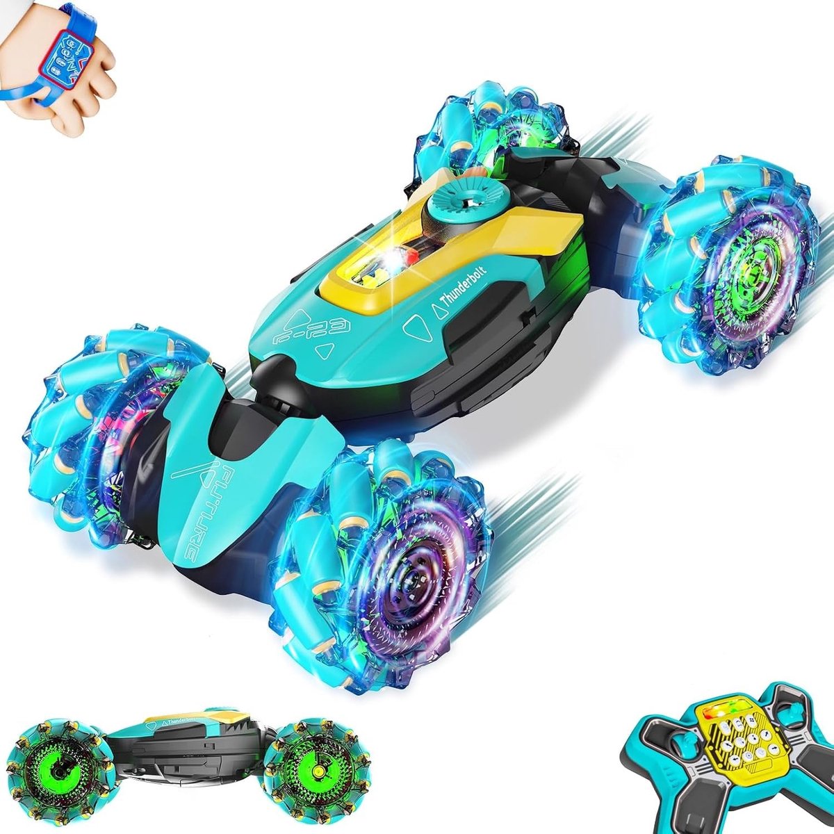 Ntech RC Stunt Auto met Gebarenbesturing en Afstandsbediening – 4WD, 360° Spins, LED-Lichten, Muziek en Waternevel – Speelgoed Auto voor Kinderen van 3-12 Jaar