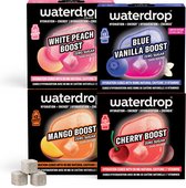 Vier smaken waterdrop Energy Boost: White Peach, Blue Vanilla, Mango, Cherry met fruit illustraties.