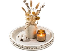 Hanobe decoratief dienblad voor salontafel: 29 cm rond dienblad van witgeverfd hout voor rustieke woonkamer, keukeneiland, hal en andere ruimtes in landelijke stijl.