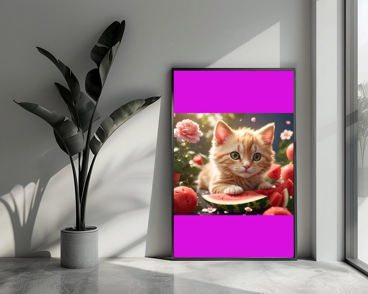 Poster Kat - Poes - Kitten met Watermeloen - Dieren - posters - formaat 100x70cm - Wanddecoratie - L1040MT