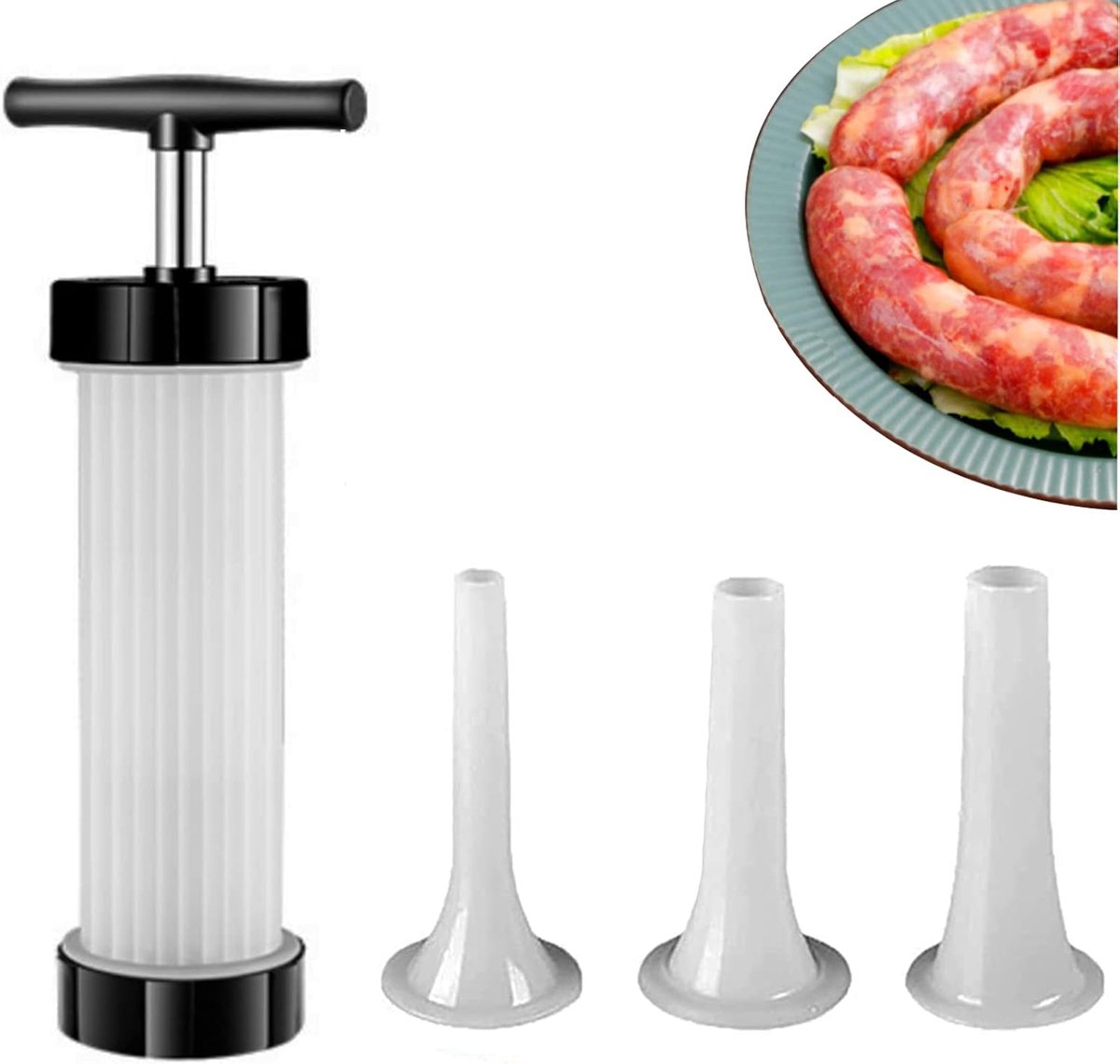 Handmatige worstvuller - Worstvuller - Eenvoudige handmatige worstmaker - Handmatige worstduwer - Met 3 vulbuizen - Voor het maken van worsten van verschillende groottes - 28.5*9.5cm