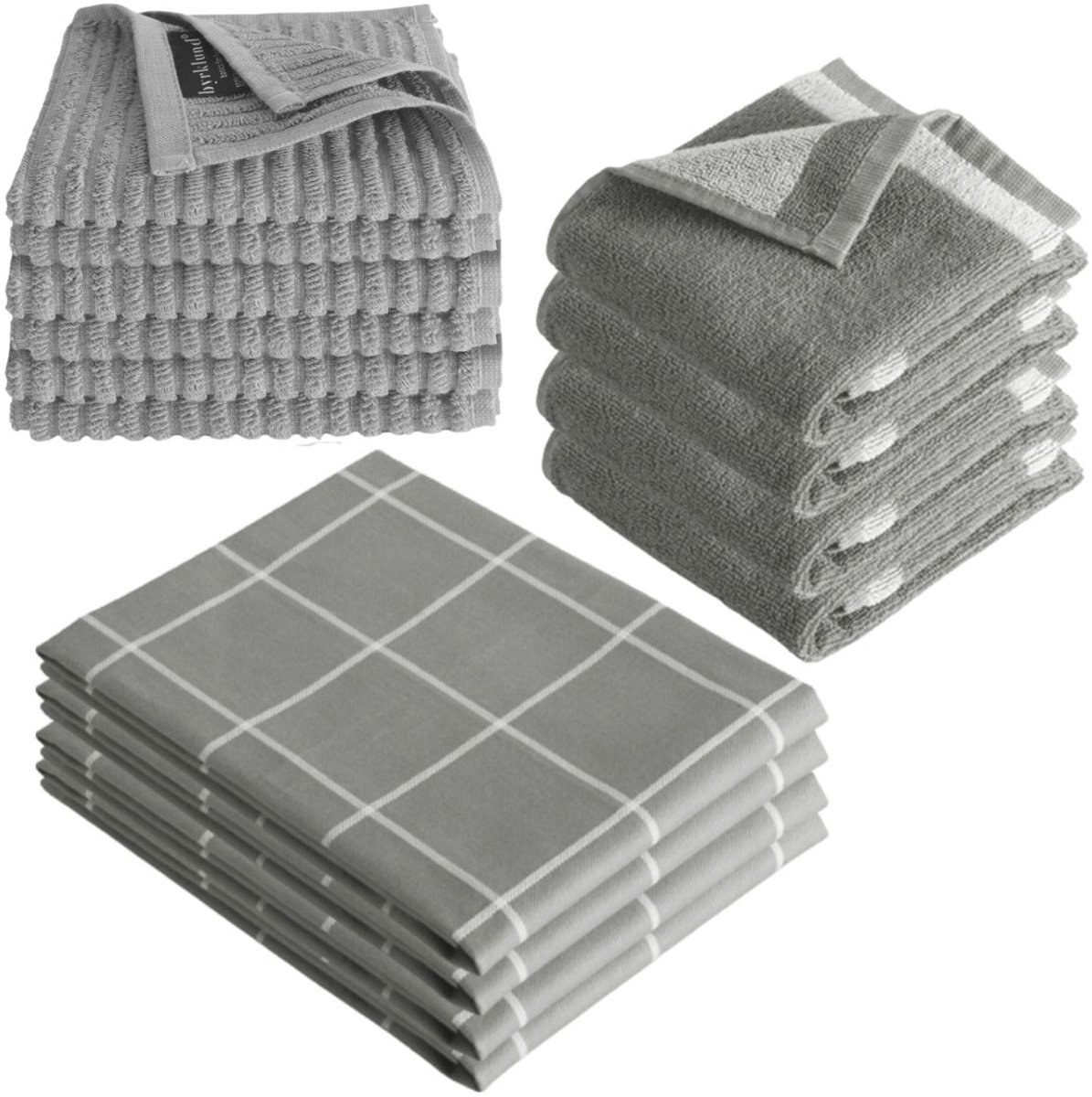 Byrklund Keukenset Clean & Dry Grijs - 14 delig - Theedoeken, Keukendoeken & Vaatdoeken