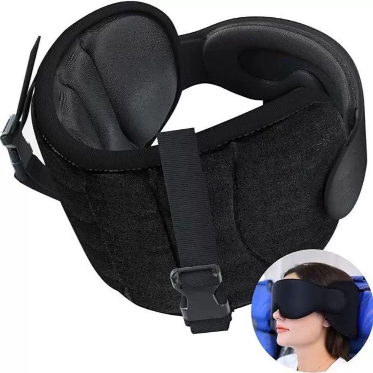 Vliegtuig Reisnekkussen met Slaapmasker – Katoen 360° Nekondersteuning, Anti-Knikken, Zwart