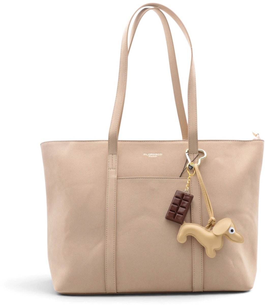Flora&Co - SOLIS - suède look - grote handtas/tote bag met lange instelbare draagriem - beige - geschikt voor A4 - ideaal voor school- of werktas