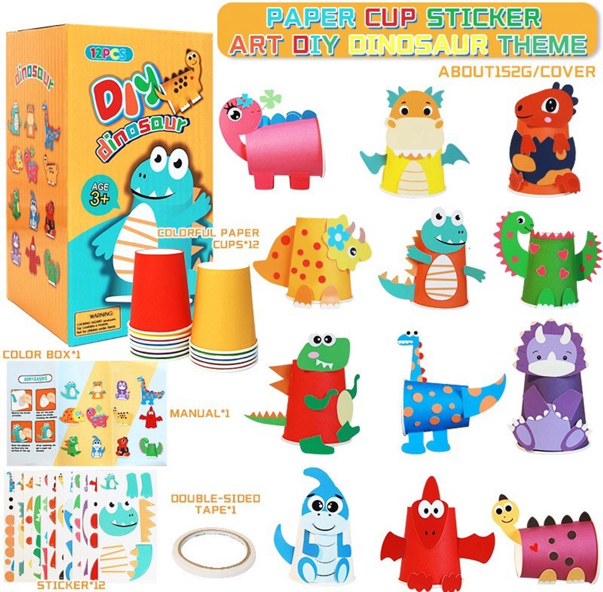 casalora - Dinosauruswereld Knutselset - Knutselen Meisjes & Jongens - Creatief Speelgoed voor Kinderen - DIY dierenbekers - 3D knutselset met papieren bekerstickers - Educatief Speelgoed - Vanaf 3 Jaar