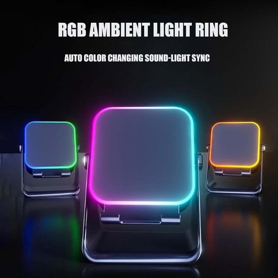 Draadloze 5-in-1 inductie-Bluetooth-speaker met verstelbare telefoonstandaard, oplaadbare speaker (3500 mAh) met stereogeluid, 360° verstelbare telefoonhouder en RGB-sfeerverlichting (8 standen) - Zwart — afbeelding 2