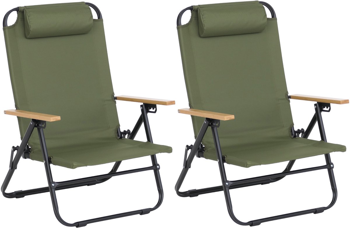 Set van 2 campingstoelen MCW-Q44, tuinstoel, balkonstoel, vrijetijdsstoel, opvouwbaar, verstelbaar, voor buiten, metaal en stof ~ groen