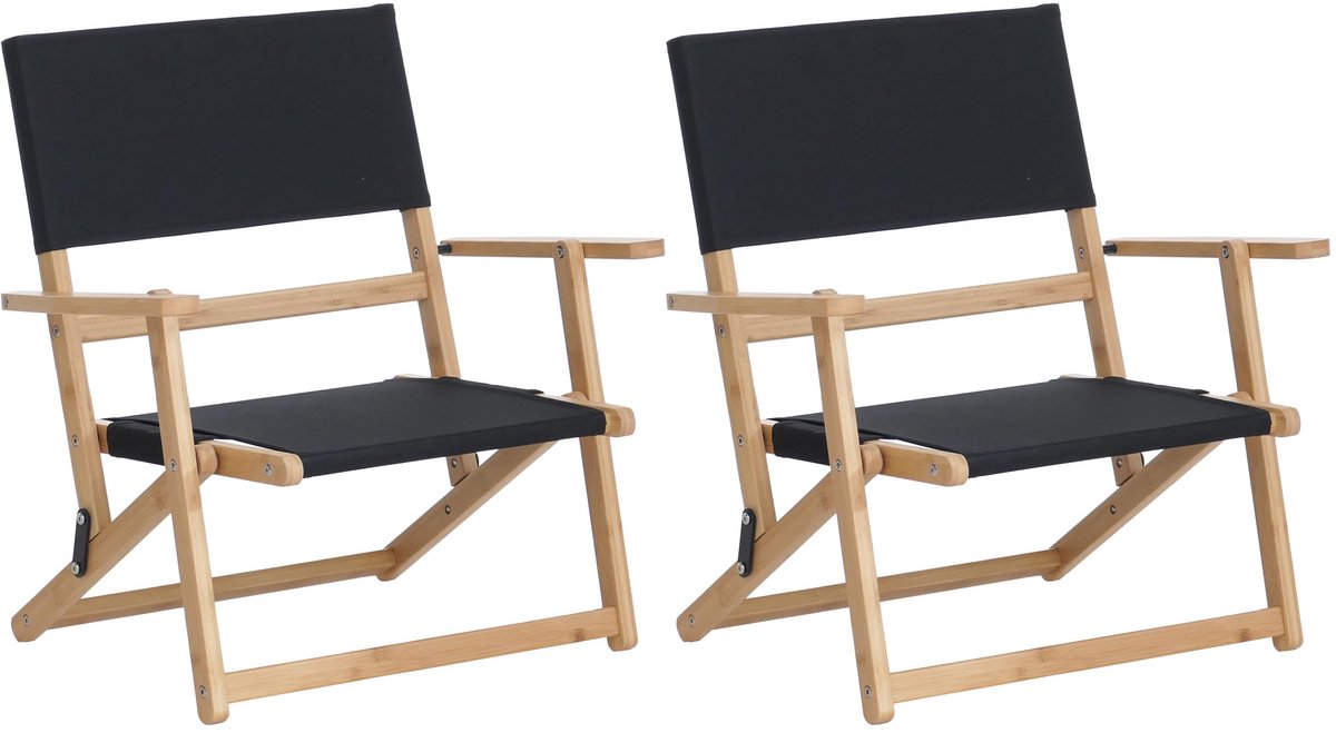 Set van 2 bamboe campingstoelen MCW-Q42, tuinstoel, balkonstoel, vrijetijdsstoel, opvouwbaar, voor buiten, stof/textiel ~ zwart