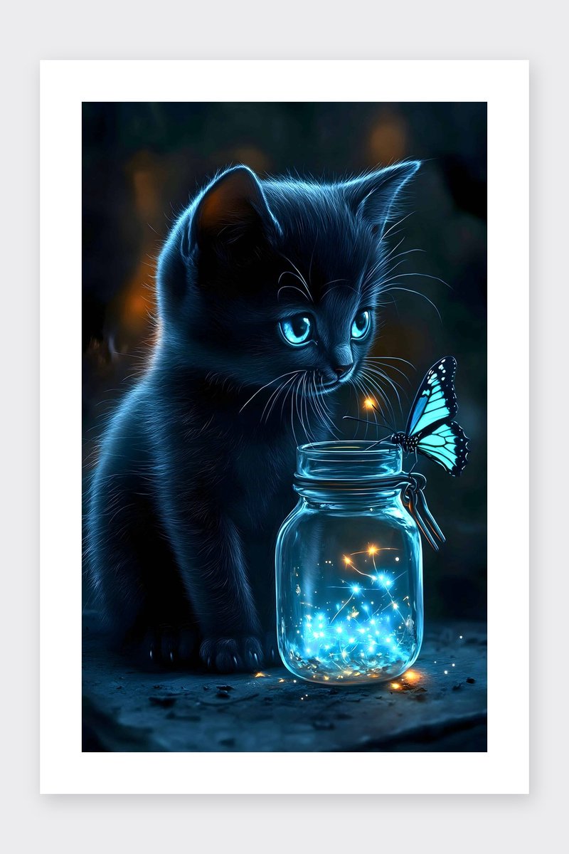 Kat Poster - Vlinder - Dieren - Magische - Natuur - Betoverende - Kinderkamer - Kinder - posters - formaat 30x40cm - Wanddecoratie - BXS4217MT - Met kader - passe-partouts stijl