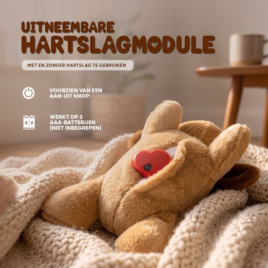 Bruine hondenkuffel met rood hartslagmodule in buik. Werkt op 2 AAA batterijen.