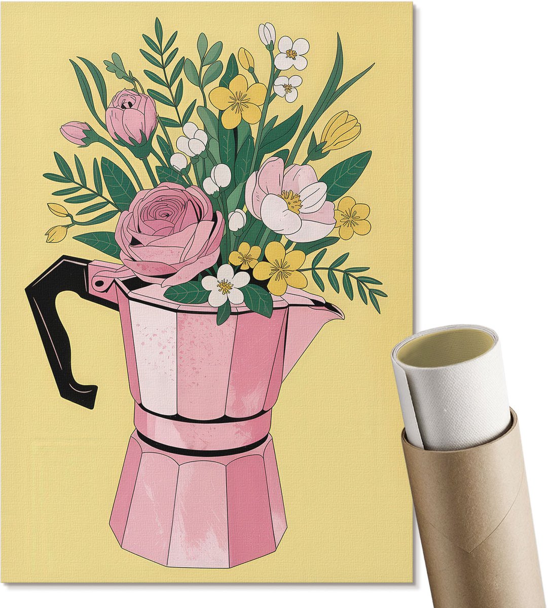 Coloray Canvas Poster Polycanvas - Koffiebloemen, Illustratie - A4 - Geel Decoratie - Rechthoek - Decoratieve poster - Woonkamer, Slaapkamer, Kantoor - Artistiek
