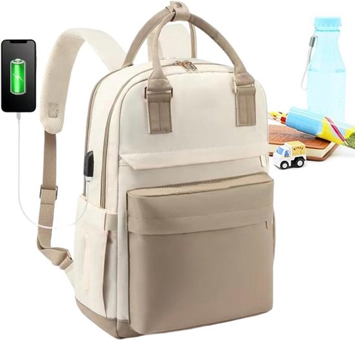 Laptoprugzak - Waterdichte Tas - Reizen School - Geïntegreerde USB Poort - 43 cm Hoog - Zwart Beige