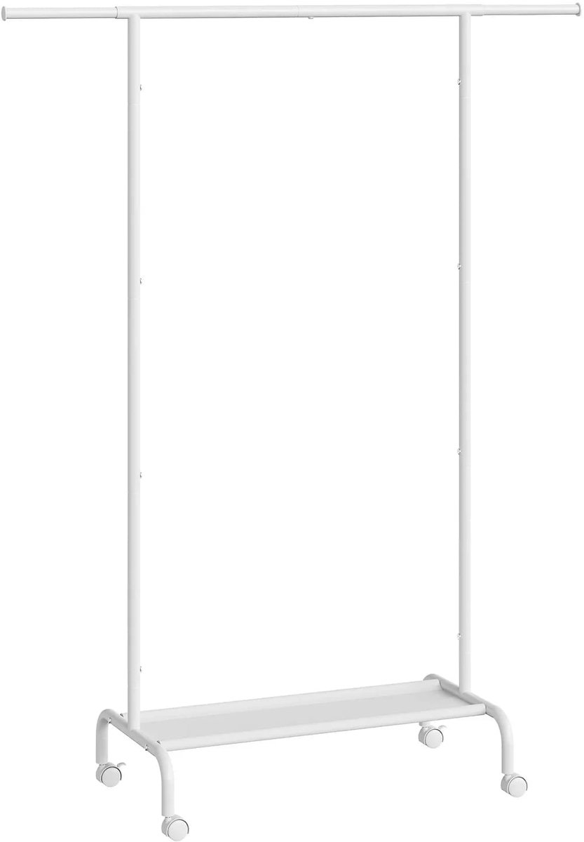 Klarven® Kledingrek Wit - Uitschuifbare Stang 84-124 cm, Mobiel op Wielen - Oxford Stof Plank, Verhoogd voor Robotstofzuiger - B 84-124 x D 40 x H 156 cm
