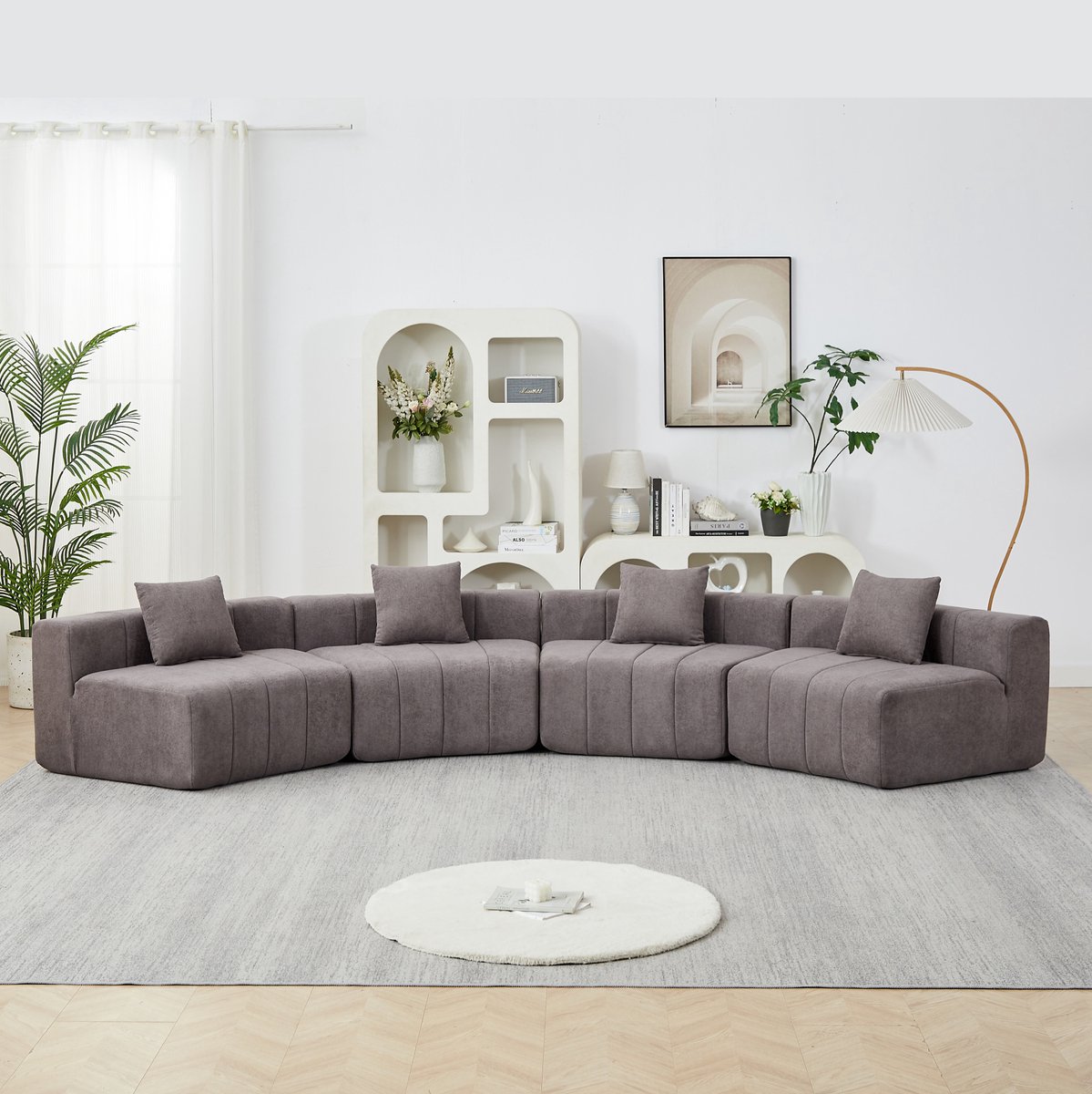 OKWISH Modulaire Zitbank – Halfronde Chenille Bank met 2 Kussens – Voor Woonkamer, Slaapkamer en Lounge – Stof – Grijs