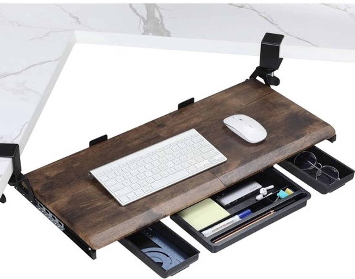 Toetsenbordlade Onder Bureau - L-Bureau Lade - Werkruimte Optimalisatie - 45° Verstelbare Klem - 68cm Breed - Walnoot