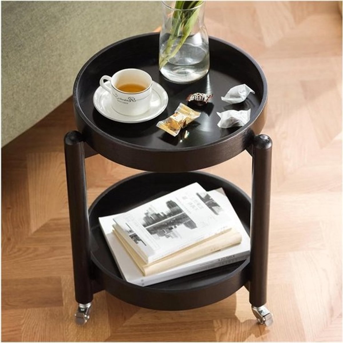 Banktafel Bijzettafel - Sidetable Koffietafel - Extra Opbergruimte - Verplaatsbaar met Wielen - 35 x 48.5 cm - Zwart