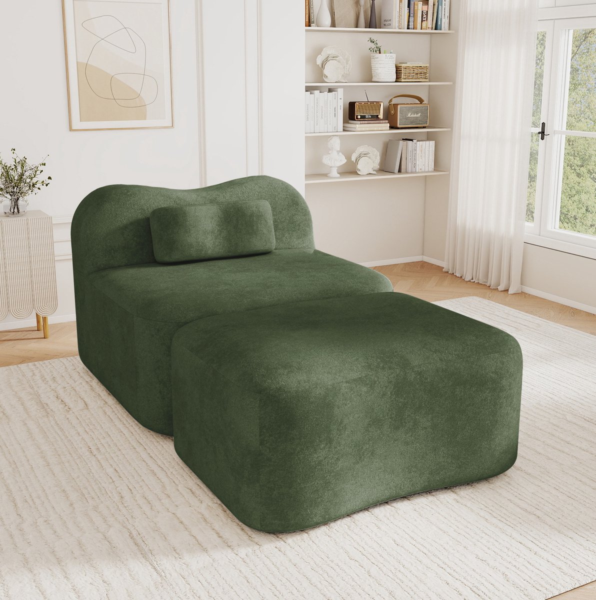 OKWISH Zitbank 1-Zits Met Ottomaan Zonder Frame Golfdesign 32D Schuim Voor Woonkamer Appartement En Slaapkamer Velvet Groen