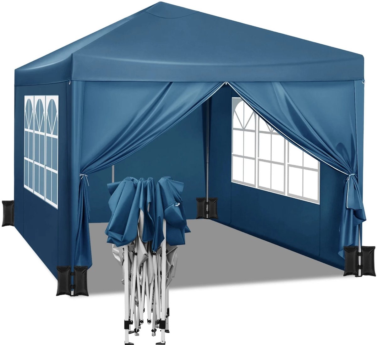 Klarven® Partytent Blauw - Waterdicht en windbeschermd, Snelle opbouw met vouwsysteem, 4 zandzakken inbegrepen - Gecoat ijzeren frame, B 2,5 x D 2 x H 2 m