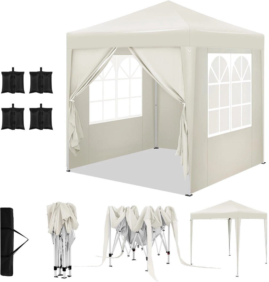 Klarven® Partytent Beige - Waterdicht en windbeschermd, Snelle opbouw met vouwsysteem, 4 zandzakken inbegrepen - Gecoat ijzeren frame, B 2,5 x D 2 x H 2 m